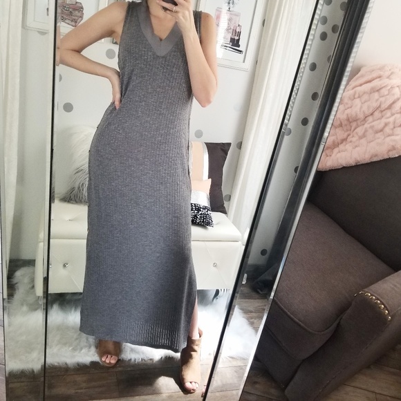Fall Maxi Dress Gray Rib Knit Side Slit Dress Stretchy Casual Long Dress - Picture 7 of 7
